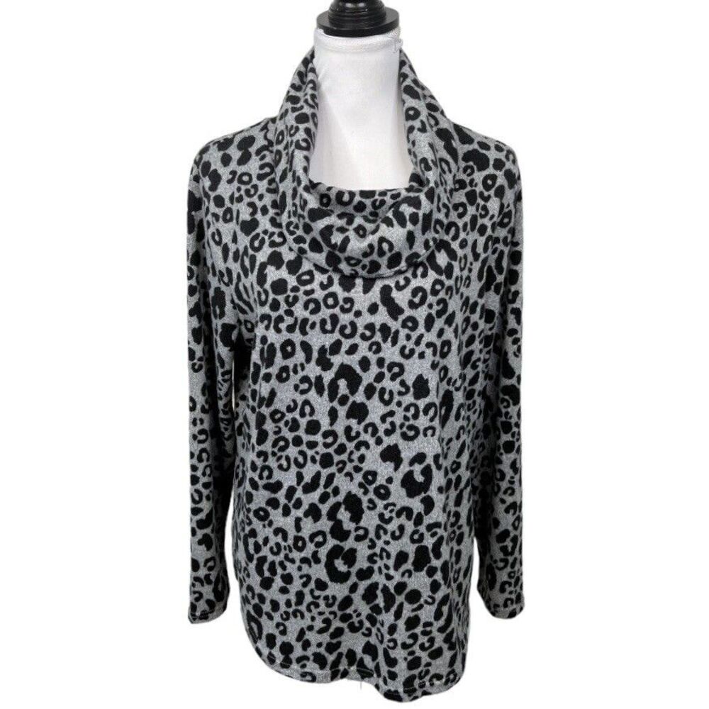 TCW Cowl Neck Sweater Size L Animal Leopard Print Black & Gray Pullover Soft Top